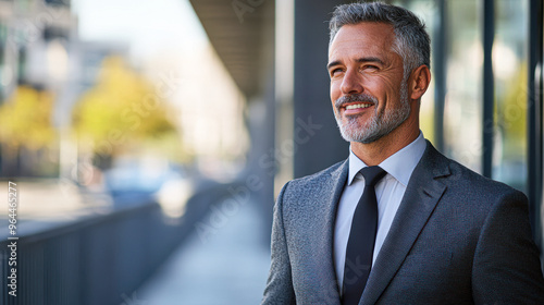 A man in a suit and tie stands on a sidewalk with a smile on his face