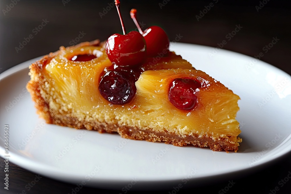 A slice of pineapple upside down cake with caramelized pineapple rings and cherries, served on a white plate