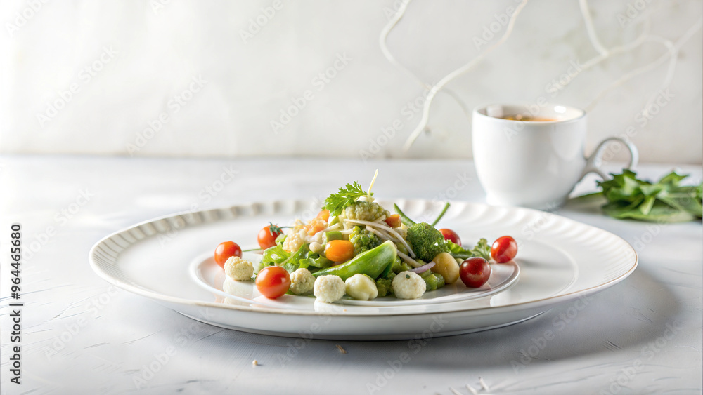 Fresh salad with vegetables and herbs served on a plate with coffee in the background
Fresh salad with vegetables and herbs served on a plate with coffee in the background