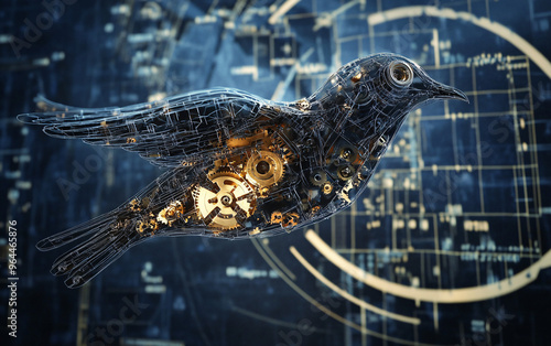 Intricate mechanical bird with gears and cogwheels in mid-flight, detailed design elements highlighting clockwork and futuristic engineering against a glowing blueprint background photo