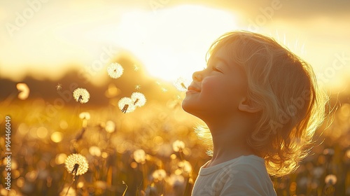 Photorealistic moment of a gleeful child blowing dandelion seeds in a sunlit meadow, with the floating seeds sparkling in the sunlight