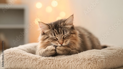 A fluffy kitten grooming itself on a plush pet bed, with soft lighting and a cozy indoor atmosphere photo