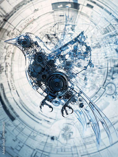 Intricate mechanical bird with gears and cogwheels in mid-flight, detailed design elements highlighting clockwork and futuristic engineering against a glowing blueprint background photo