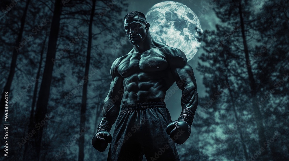 Moonlit forest scene featuring a muscular boxer standing tall, showcasing determination and power under the glowing full moon Moonlit forest scene featuring a muscular boxer standing tall, showcasing determination and power under the glowing full moon