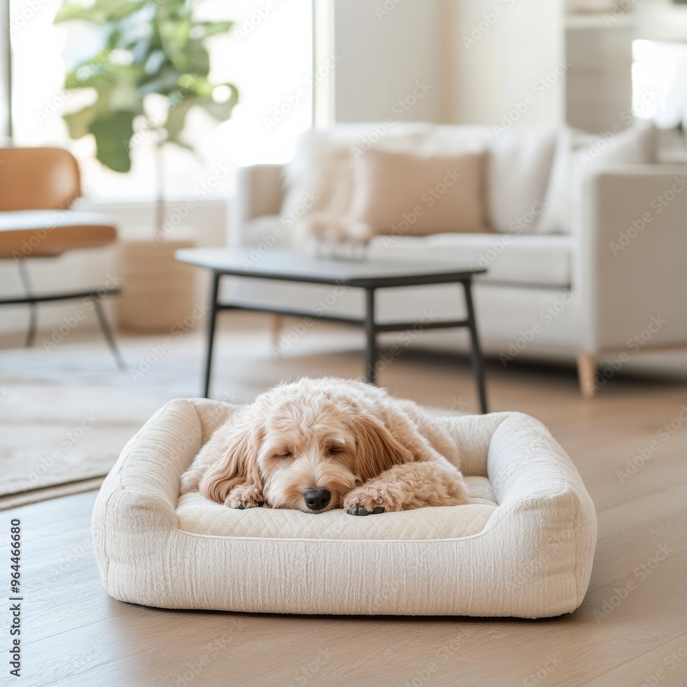 A fluffy puppy resting in a luxurious pet bed, surrounded by sleek, modern furniture in a cozy home A fluffy puppy resting in a luxurious pet bed, surrounded by sleek, modern furniture in a cozy home