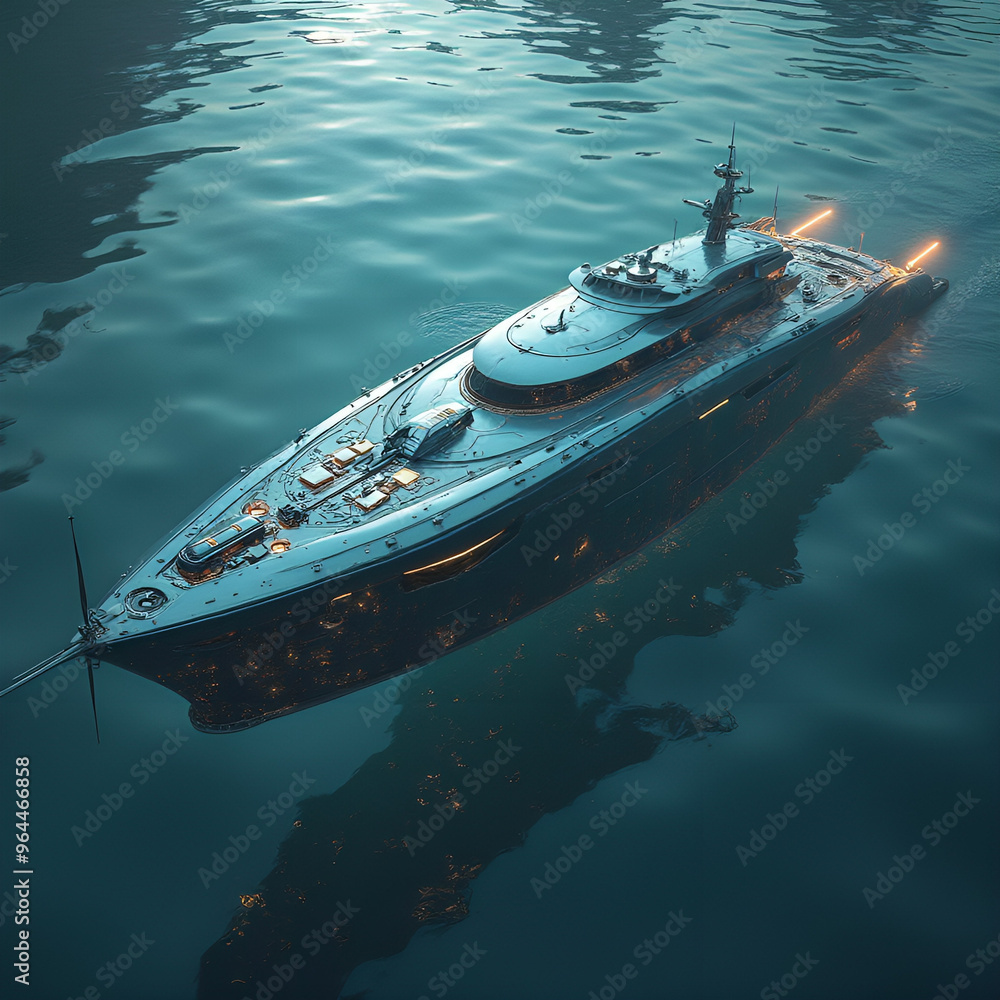 Fototapeta premium Intricate and ethereal digital art ship weight cargo vector serves as a sleek and modern yacht, equipped with high-tech tools and cables. Its sleek body and metallic exterior gleam in the light, while