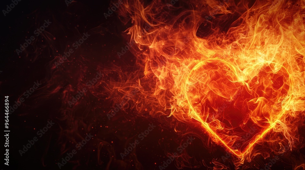 A flaming heart shaped flame, representing passion and love, beautifully lit against a dark background. A flaming heart shaped flame, representing passion and love, beautifully lit against a dark background.