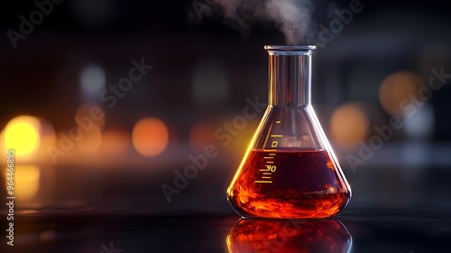 Bromine in a Flask: A laboratory flask filled with reddish-brown bromine liquid, with vapor rising and detailed reflections on the glass surface. 