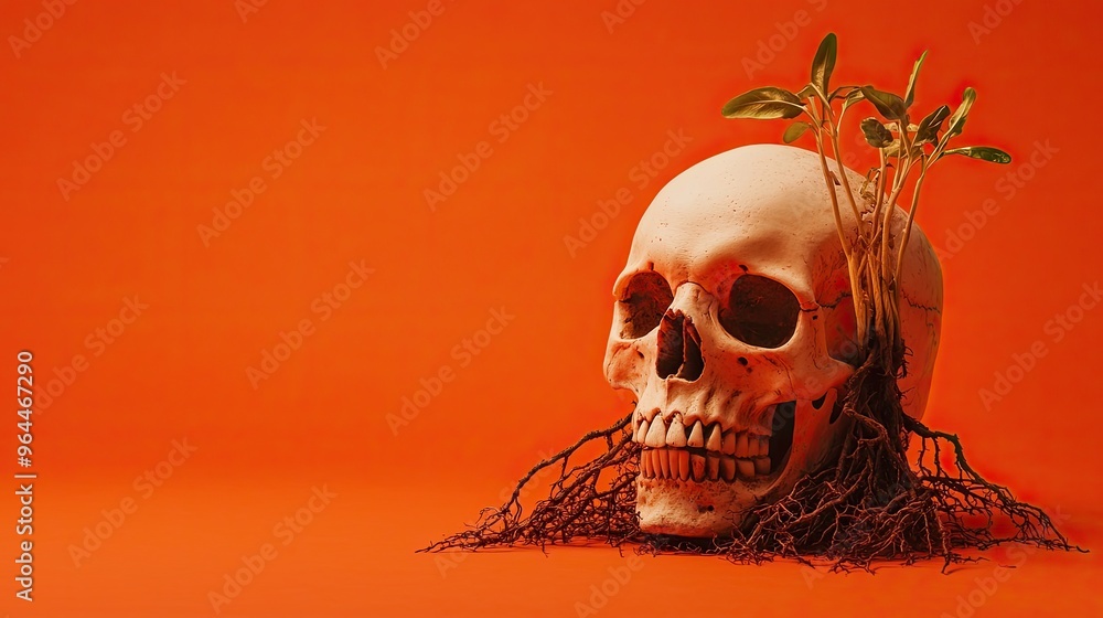 A striking skull adorned with roots and sprouts, symbolizing life emerging from death against a vibrant orange background. A striking skull adorned with roots and sprouts, symbolizing life emerging from death against a vibrant orange background.