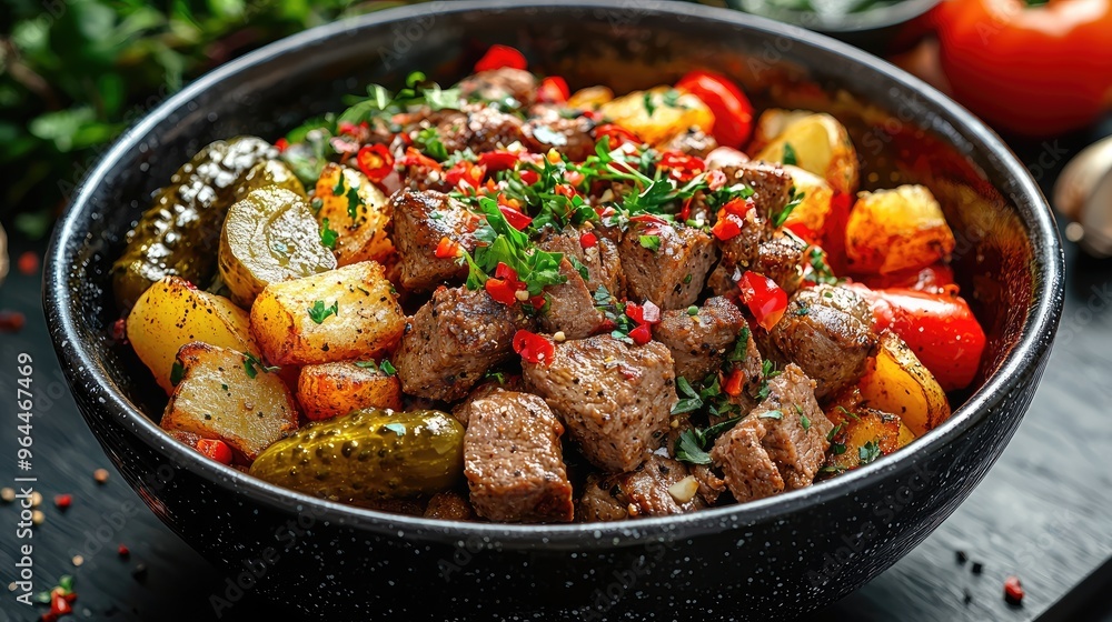 A vibrant bowl of roasted vegetables and tender meat garnished with herbs, perfect for showcasing healthy cooking. A vibrant bowl of roasted vegetables and tender meat garnished with herbs, perfect for showcasing healthy cooking.