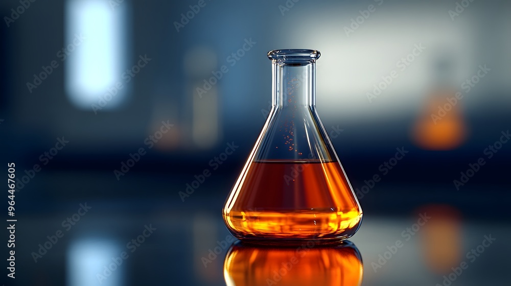 Bromine in a Flask: A laboratory flask filled with reddish-brown bromine liquid, with vapor rising and detailed reflections on the glass surface.
Bromine in a Flask: A laboratory flask filled with reddish-brown bromine liquid, with vapor rising and detailed reflections on the glass surface.