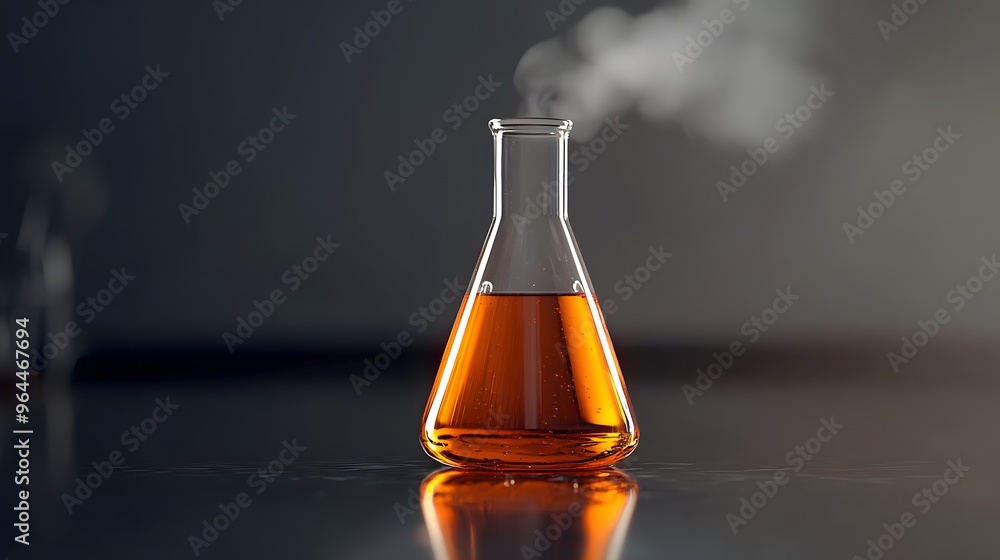 Bromine in a Flask: A laboratory flask filled with reddish-brown bromine liquid, with vapor rising and detailed reflections on the glass surface.
Bromine in a Flask: A laboratory flask filled with reddish-brown bromine liquid, with vapor rising and detailed reflections on the glass surface.