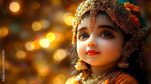 A beautifully adorned child with expressive eyes, set against a glowing background.