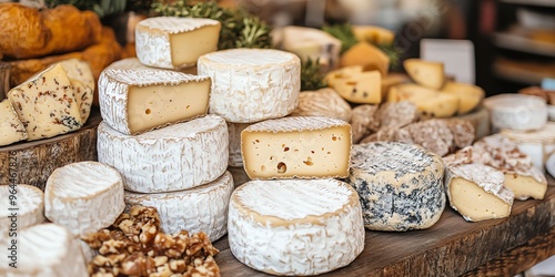 Variety of cheeses on a wooden board.