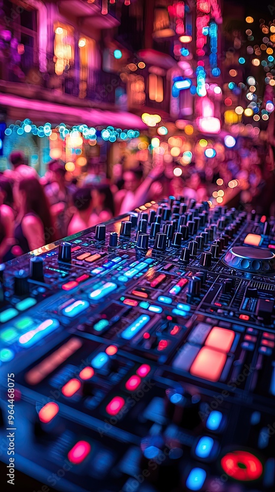 Dj mixing at a party with crowd of people in background, Dj mixing at a party with crowd of people in background,