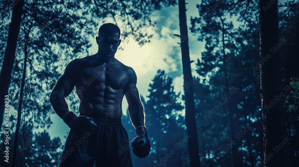 Muscular boxer standing under the moonlight in a forest, illustrating power, resilience, and determination in a captivating night scene. Muscular boxer standing under the moonlight in a forest, illustrating power, resilience, and determination in a captivating night scene.