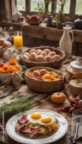 a rustic breakfast table setting with a variety of foods and beverages, featuring eggs in different preparations, surrounded by vintage kitchenware and natural light filtering through a window.