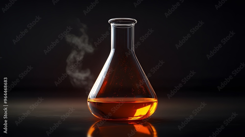 Bromine in a Flask: A laboratory flask filled with reddish-brown bromine liquid, with vapor rising and detailed reflections on the glass surface.
Bromine in a Flask: A laboratory flask filled with reddish-brown bromine liquid, with vapor rising and detailed reflections on the glass surface.