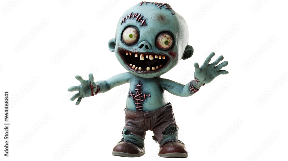 Adorable Zombie with Stitches Celebrating in Cheerful Dance on White Background