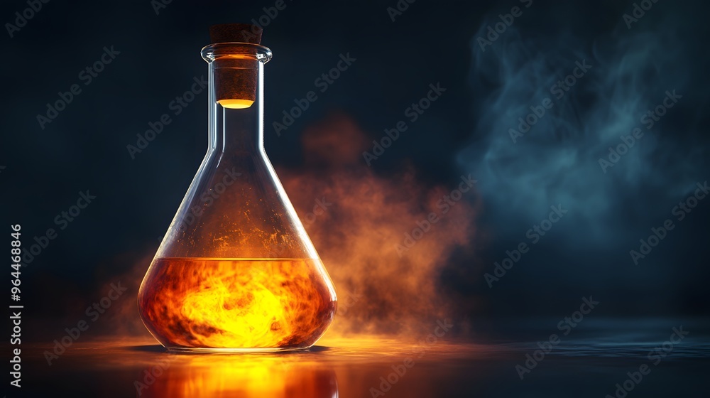 Bromine in a Flask: A laboratory flask filled with reddish-brown bromine liquid, with vapor rising and detailed reflections on the glass surface.
Bromine in a Flask: A laboratory flask filled with reddish-brown bromine liquid, with vapor rising and detailed reflections on the glass surface.