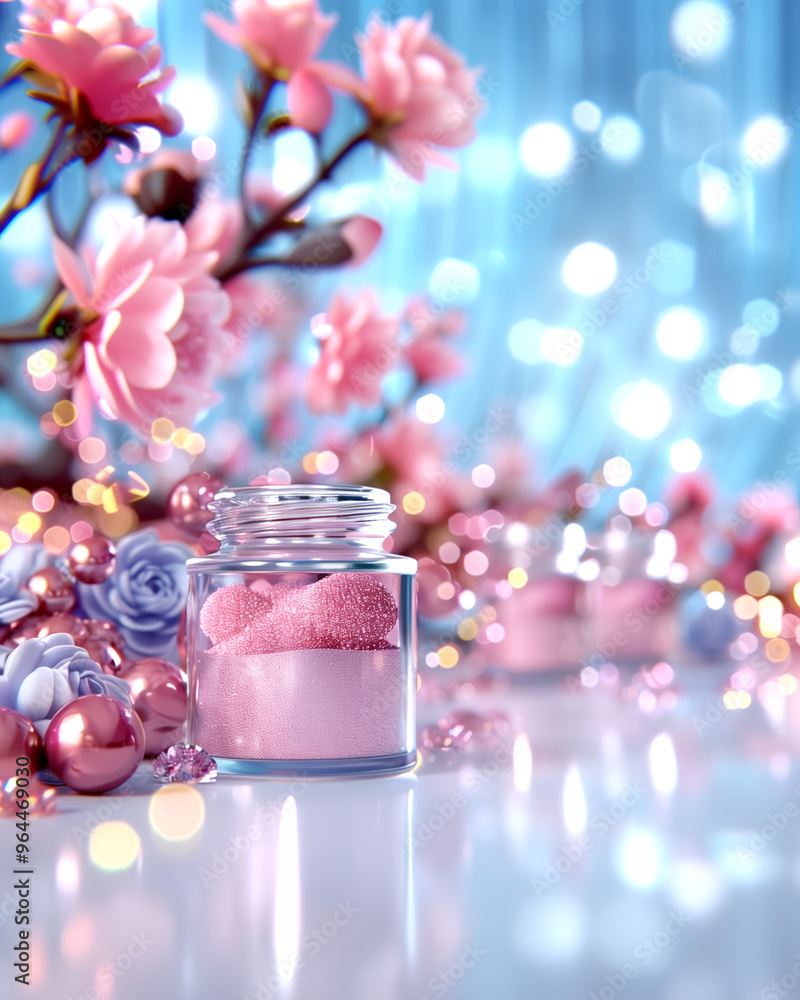 A jar of pink glitter is on a table next to a vase of pink flowers. The scene is very pretty and colorful A jar of pink glitter is on a table next to a vase of pink flowers. The scene is very pretty and colorful