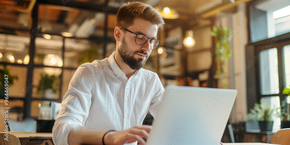 A young man using laptop working in bright environment.
A young man using laptop working in bright environment.