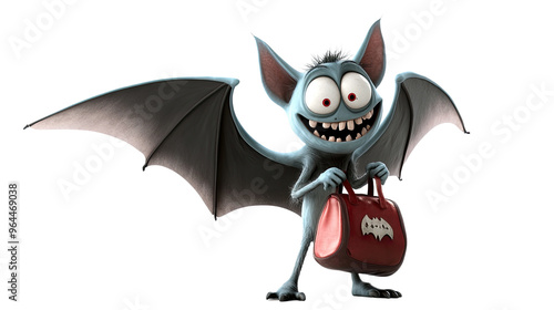 Cheerful Undead Cartoon Character Holding Bat-Shaped Bag on White Background