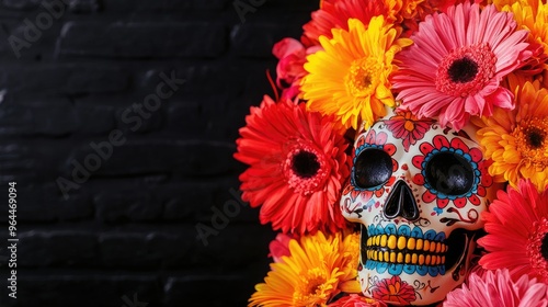 Vibrant sugar skull embellished with colorful flowers, symbolizing the Day of the Dead celebration against a dark backdrop.