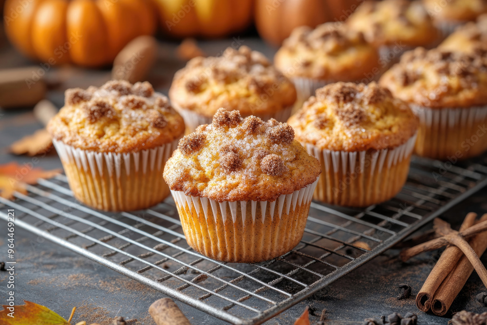 A tray of warm pumpkin spice muffins on a wooden table, topped with a sprinkle of cinnamon sugar. A tray of warm pumpkin spice muffins on a wooden table, topped with a sprinkle of cinnamon sugar.