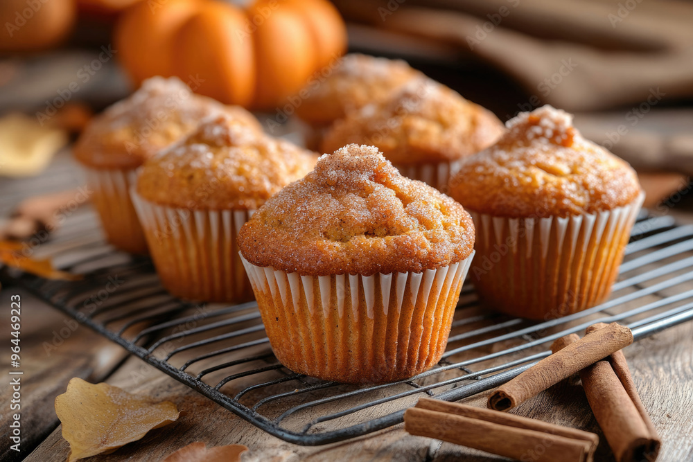 A tray of warm pumpkin spice muffins on a wooden table, topped with a sprinkle of cinnamon sugar. A tray of warm pumpkin spice muffins on a wooden table, topped with a sprinkle of cinnamon sugar.