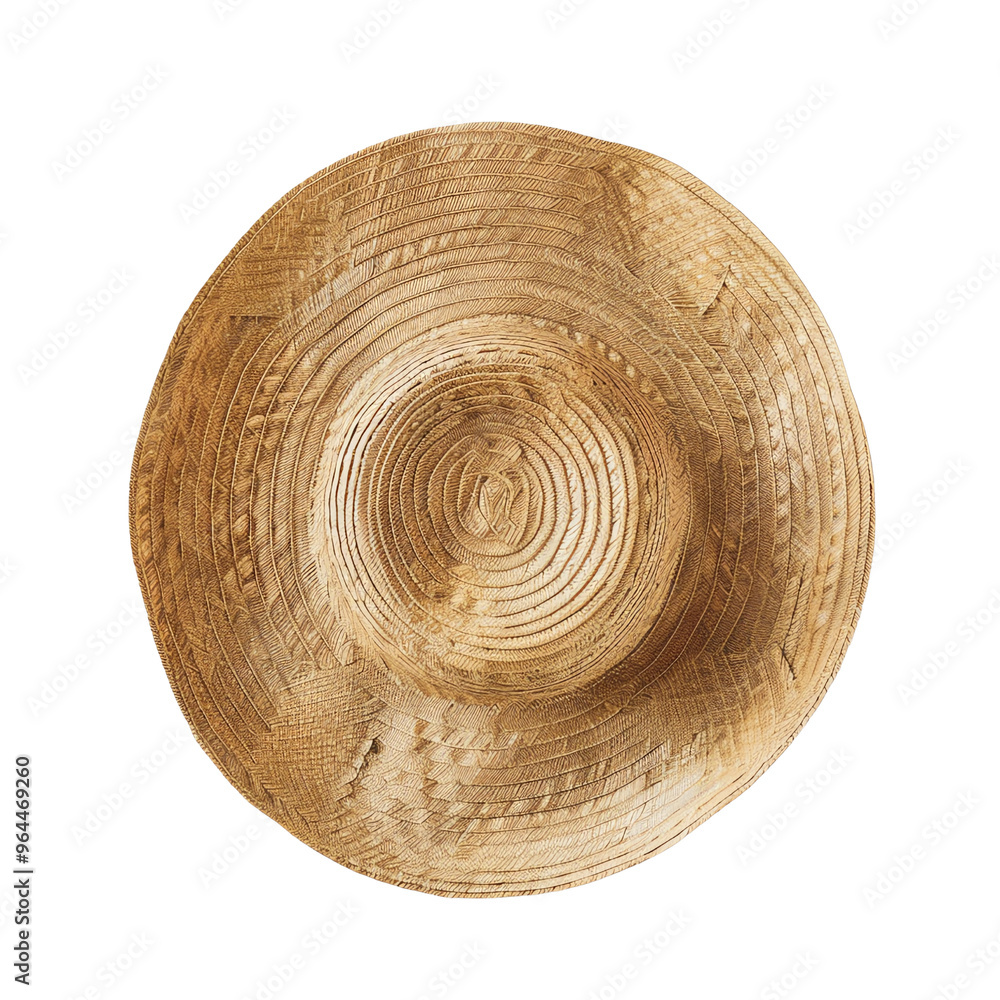 Top view of a circular brown wicker hat with intricate weaving patterns, isolated on a white background. Top view of a circular brown wicker hat with intricate weaving patterns, isolated on a white background.