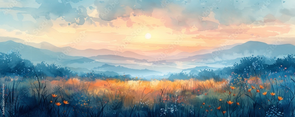 Watercolor abstract sunrise over a peaceful meadow. Watercolor abstract sunrise over a peaceful meadow.