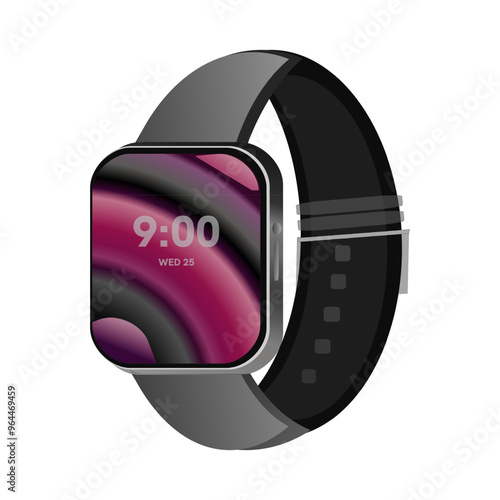 Modern Smartwatch Vector Illustration with Black Belt and Digital Screen features essential information such as the Time, Date, and Week, paired with a Vibrant and Dynamic Abstract Wallpaper