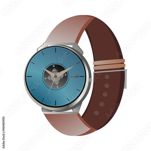Elegant Men's Watch Vector Illustration with a silver body, set against a cool blue background. The design includes a stylish leather belt, an integrated compass, and week and date display.