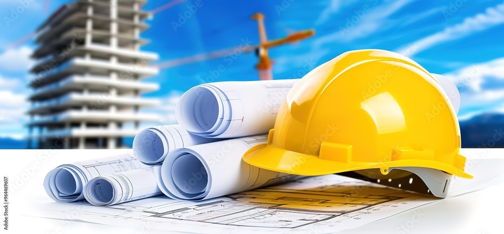 Construction safety equipment, including a hard hat and blueprints, against a backdrop of a building under construction. Construction safety equipment, including a hard hat and blueprints, against a backdrop of a building under construction.