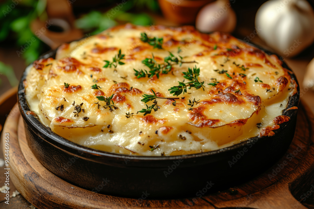 A savory dish of creamy gratin dauphinois potatoes cooked to perfection with a golden crust, garnished with fresh thyme for a delightful presentation A savory dish of creamy gratin dauphinois potatoes cooked to perfection with a golden crust, garnished with fresh thyme for a delightful presentation