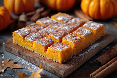 Pumpkin spice bars on a wooden board, topped with a dusting of powdered sugar and autumn spices.