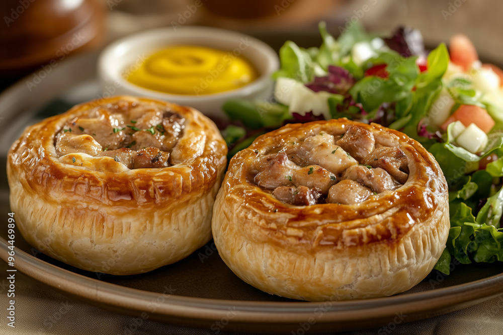 Delicious pork pies served on a plate with a vibrant salad at a cozy dining setting Delicious pork pies served on a plate with a vibrant salad at a cozy dining setting
