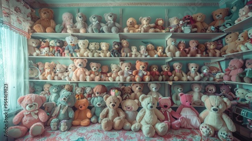 Stuffed Animals: A collection of soft, plush toys like teddy bears and cartoon characters, scattered across the bed or sitting on shelves, bringing comfort to the room.
 photo