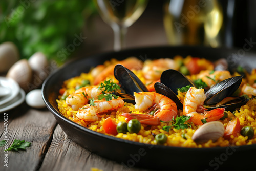 A vibrant seafood paella showcasing prawns, clams, and mussels served alongside a glass of white wine