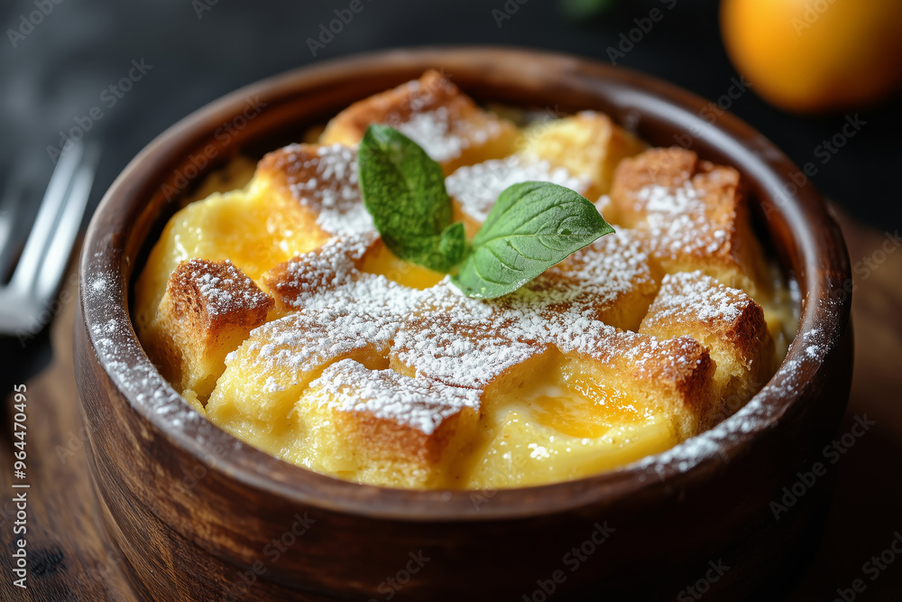 Delightful top view of traditional bread pudding topped with fresh fruits and mint, perfect for a cozy dessert experience at home Delightful top view of traditional bread pudding topped with fresh fruits and mint, perfect for a cozy dessert experience at home