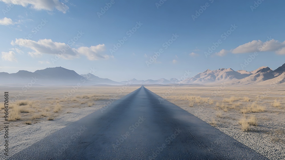 A long, straight road through a desert landscape with mountains in the background. A long, straight road through a desert landscape with mountains in the background.