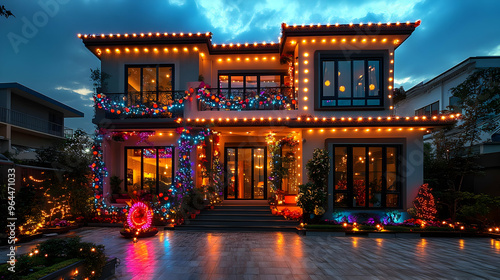 A beautifully decorated house with colorful lights for a festive occasion.