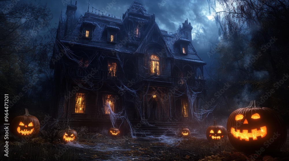 A house with a spider web and pumpkins A house with a spider web and pumpkins