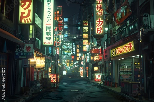 Dark street in cyberpunk city, gloomy alley with neon lighting