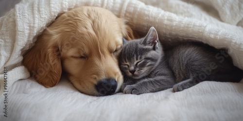 Wallpaper Mural Adorable scene of a golden retriever puppy and kitten cuddled under a blanket Torontodigital.ca