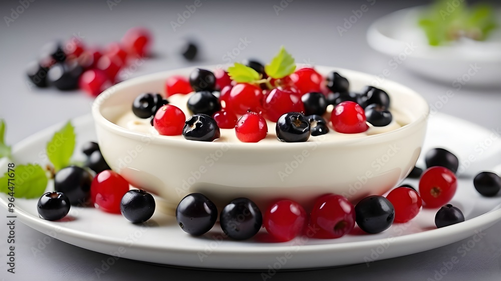 A smooth, creamy curd mixture is neatly placed on a white ceramic dish, adorned with vibrant red and black currants. The glossy currants are carefully arranged around the curd, creating a visually ap A smooth, creamy curd mixture is neatly placed on a white ceramic dish, adorned with vibrant red and black currants. The glossy currants are carefully arranged around the curd, creating a visually ap