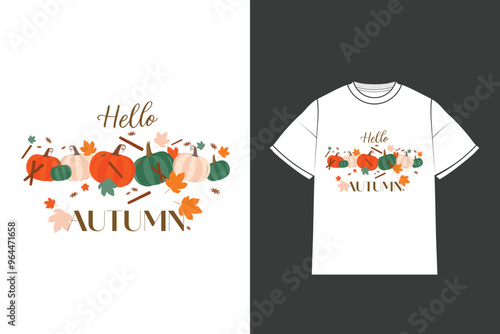 Wallpaper Mural Isolated Vector Hello Autumn Costume T Shirt Design, Pumpkins, leaves, cinnamons and vanilla flowers decorations for Fall season design. Trendy printable design on shirts poster banner or any item. Torontodigital.ca