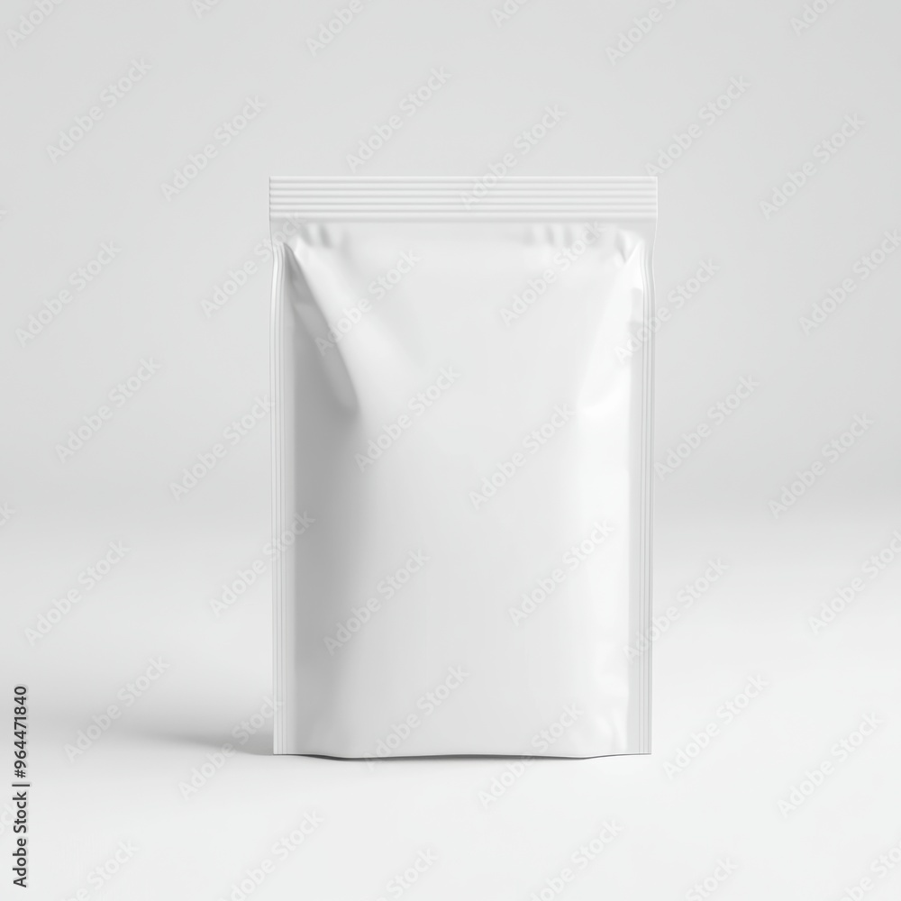 A minimalistic 3D render of a blank white pouch standing upright with a ziplock closure, isolated on a clean white background A minimalistic 3D render of a blank white pouch standing upright with a ziplock closure, isolated on a clean white background