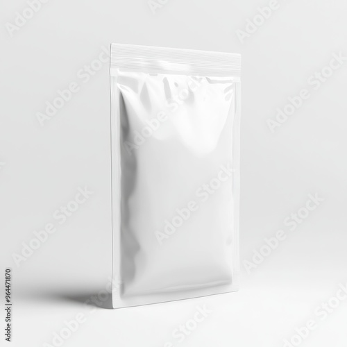 A minimalistic 3D render of a blank white pouch standing upright with a ziplock closure, isolated on a clean white background